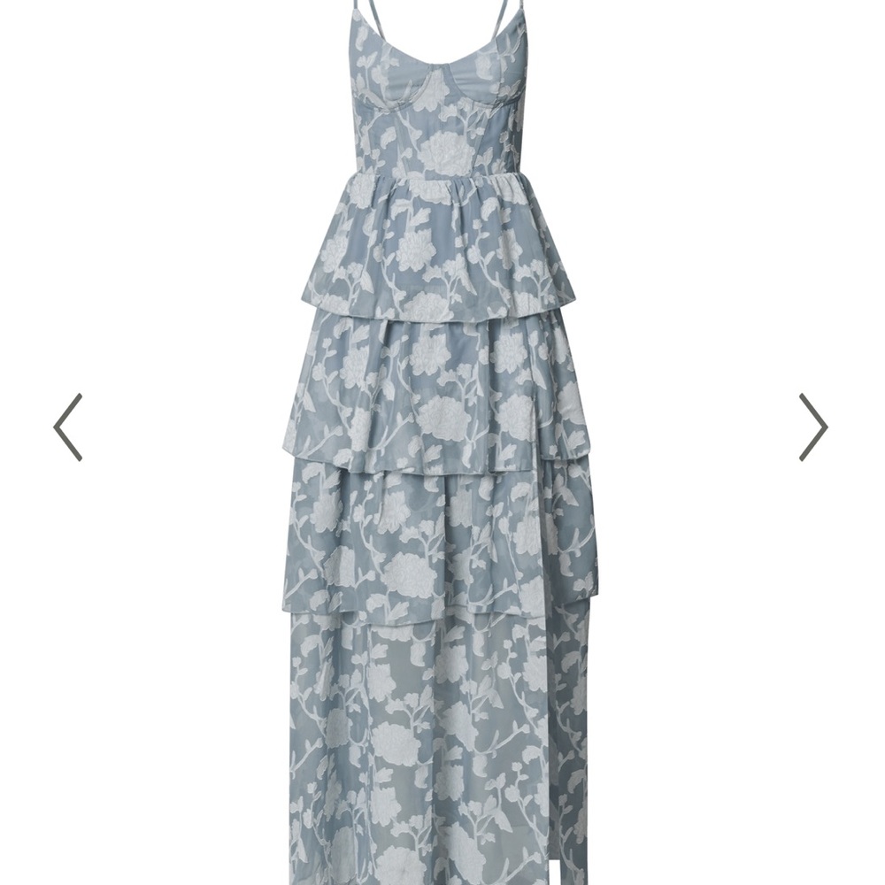 SHOWPO JANEZKIE MAXI DRESS - FEMME TIERED JACQUARD FORMAL DRESS IN LIGHT BLUE